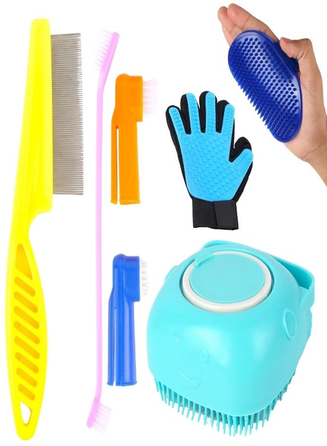 مجموعة أدوات العناية بالحيوانات الأليفة مع فرشاة، وقفاز لإزالة الشعر الزائد، ومشط معدني، وأدوات تنظيف للكلاب، لون أزرق، مجموعة من 5 قطع - Image 1